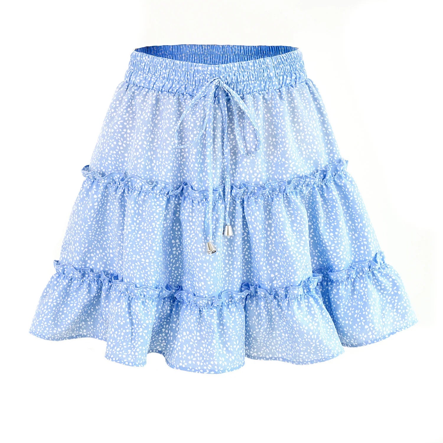 Drawstring Floral Skirt for Women's Beach Summer Tiered Ruffle Mini Design