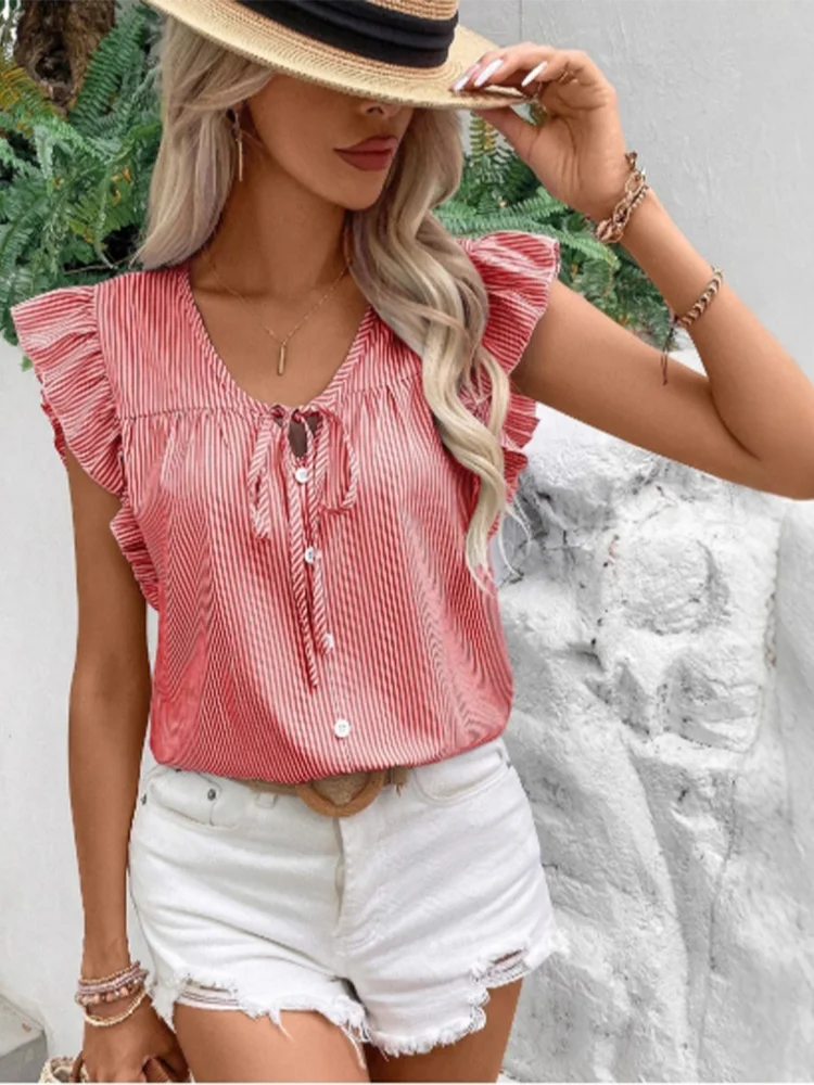 Striped V-neck Lotus Leaf Short Sleeved Lace Button Up Women's T-shirt Loose Casual Fresh Sweet Style Summer Top