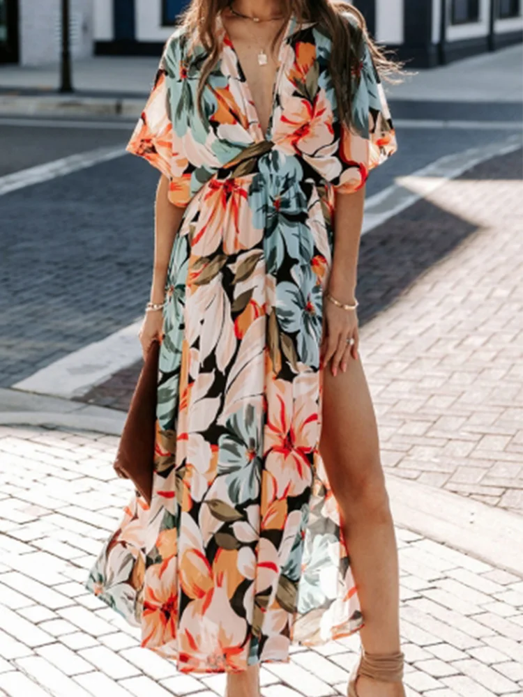 Floral Print Short Sleeved High Waisted V-neck Women's Dress Vacation Dating Elegant Commuting Style Summer Dresses