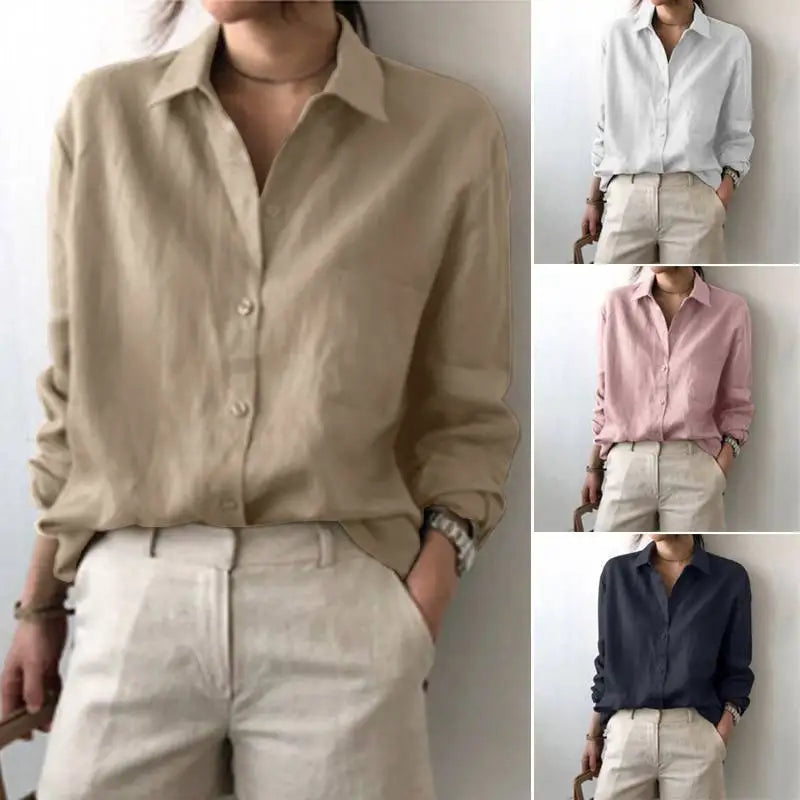 Women's Long-Sleeved Collared Button Comfortable Casual Blouse Spring Office Cotton-Linen  POLO Shirt