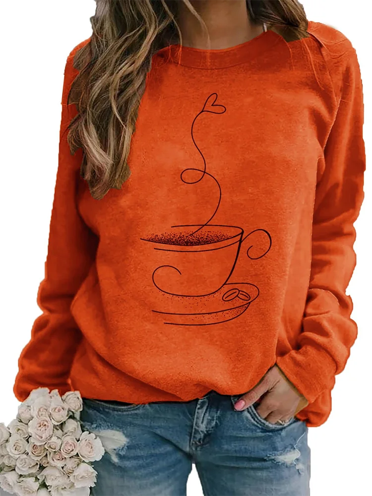 Geometric Print Long Sleeved Orange Round Neck Women's T-shirt Street Versatile Casual Comfortable Autumn Top