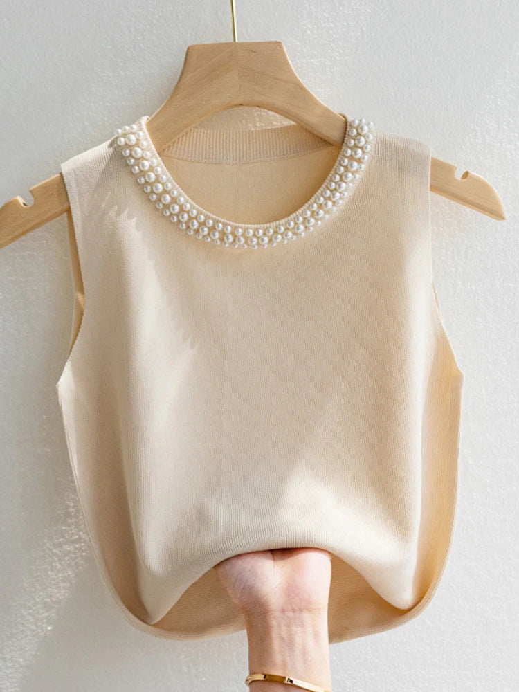 2025 Korea Knitted Vests Women Top Solid Tank Blusas Mujer De Moda Summer Fashion Female Sleeveless Beading Casual Thin Tops