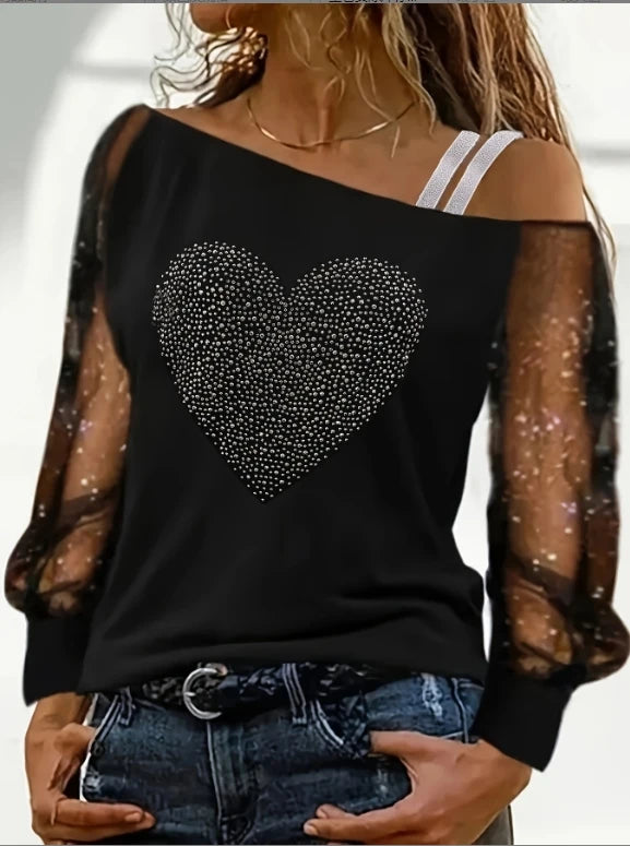 Casual Skew Collar One Shoulder T-Shirt Women Perspective Shining Long Sleeved Tops Skull Solid Color Street Pullover