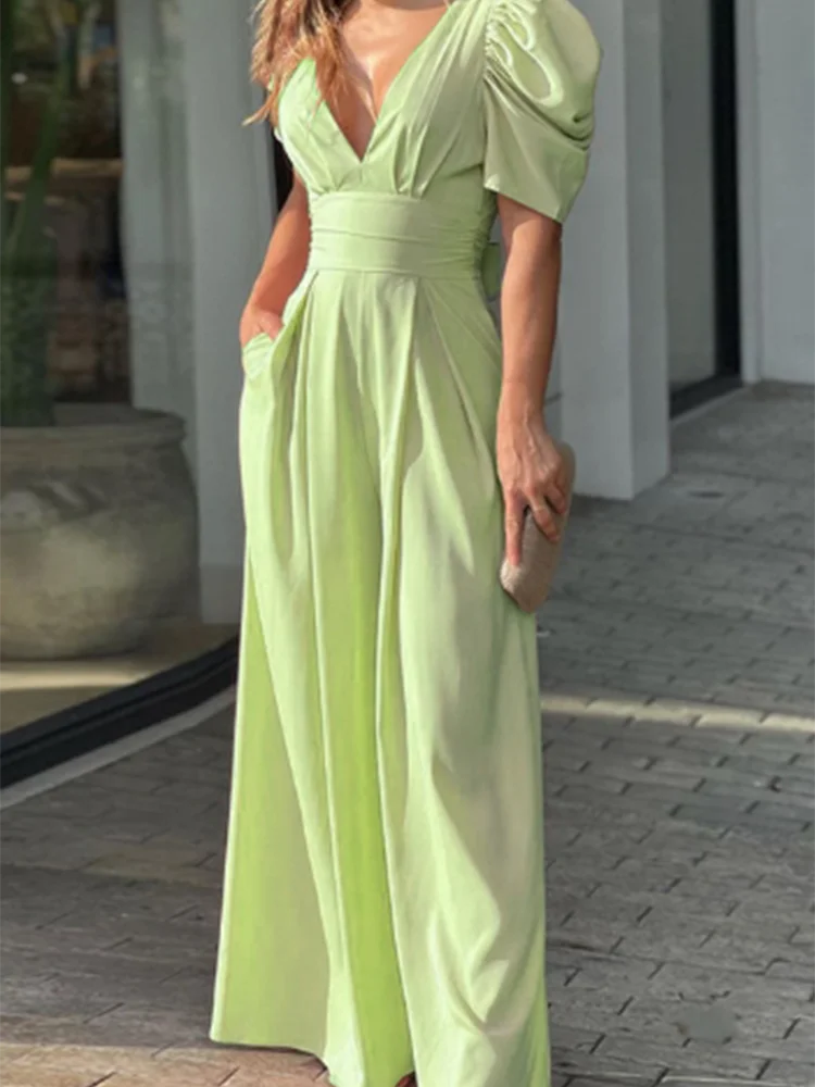 High Waisted Solid Color Bubble Short Sleeved V-neck Pleated Women's Dress Daily Office Elegant Commuting Style Summer Dress