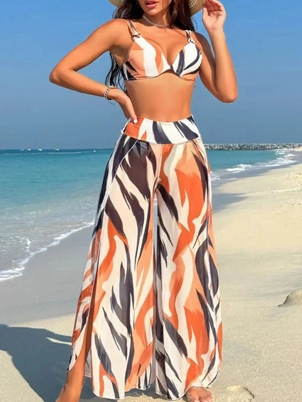 Colorful Print Split Wide - Leg Pants Women's High - Waisted Flowy Casual Trousers