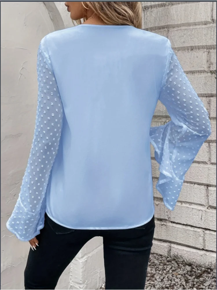Elegant Autumn Top Solid Color V-Neck Long Sleeve Blouse Women's Fashion Commuting T-Shirt