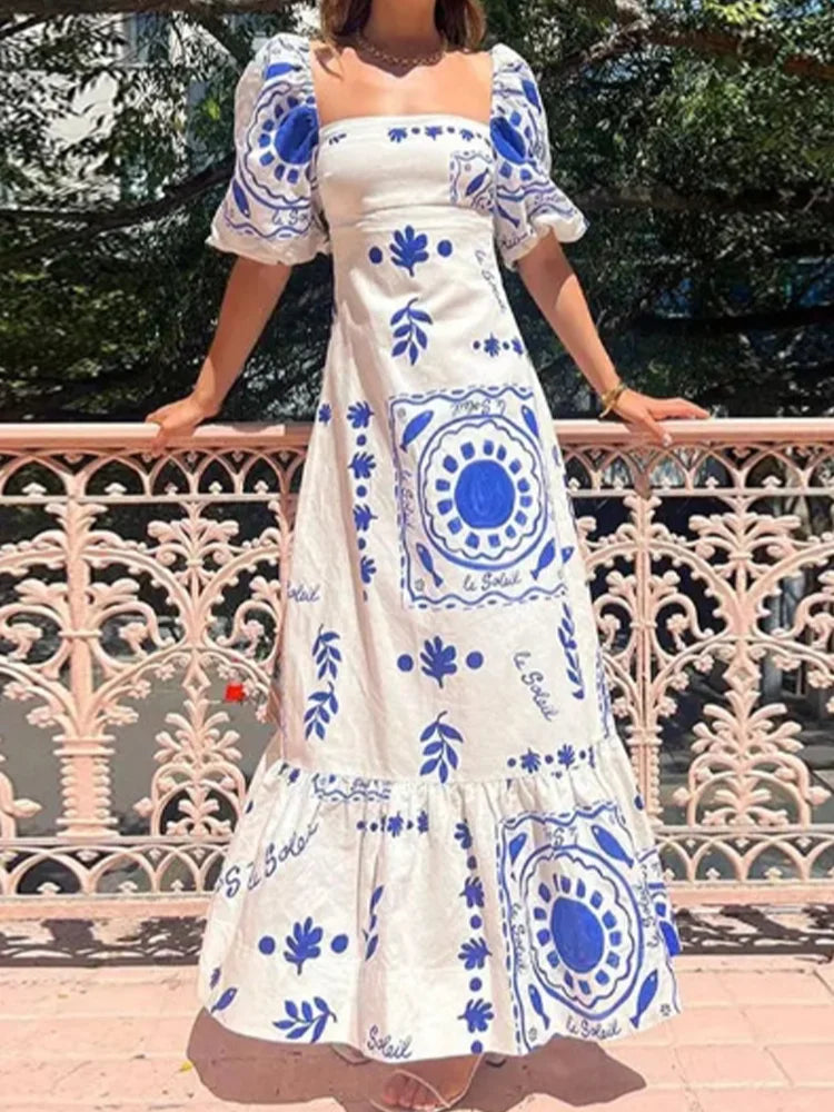 Floral Print Bubble Short Sleeved One Neck Loose Women's Dress Dating Vacation Fresh Sweet Style Summer Dresses