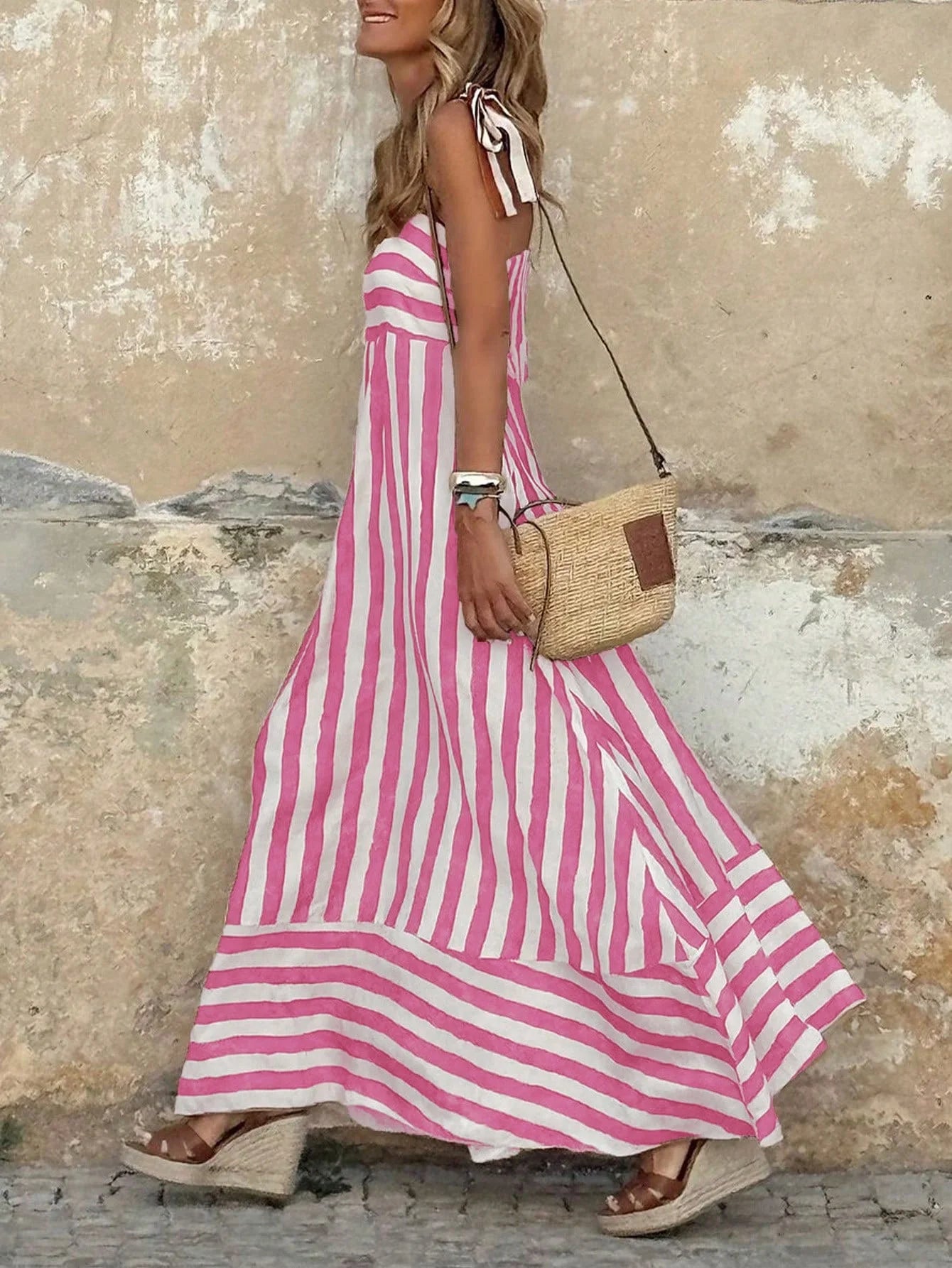 Women's Bohemian Striped Sleeveless Maxi Dress Shoulder Tie Detail Ideal for Summer Casual Outings Beach Walks