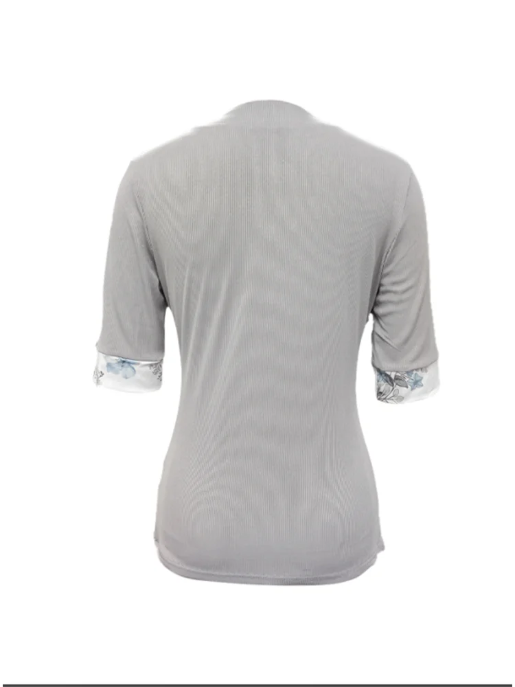 Casual Commuting Style Summer Top Women Print Splicing Solid Color Square Collar Fake Two-piece Set Short Sleeve T-shirt