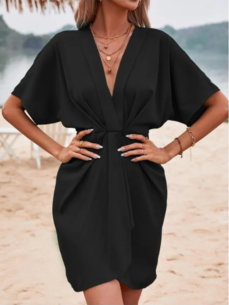 V-neck Solid Color Short Sleeved Pleated Casual Women's Dress Elegant Dating Daily Office Commuting Style Summer Dress