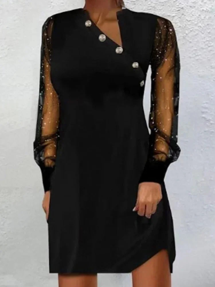 Elegant Black Midi Dress Women Asymmetric V-neck Button Chic Sequin Perspective Sleeve Dresses Female Formal Occasion Dress