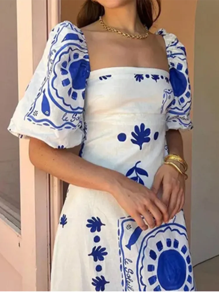 Floral Print Bubble Short Sleeved One Neck Loose Women's Dress Dating Vacation Fresh Sweet Style Summer Dresses