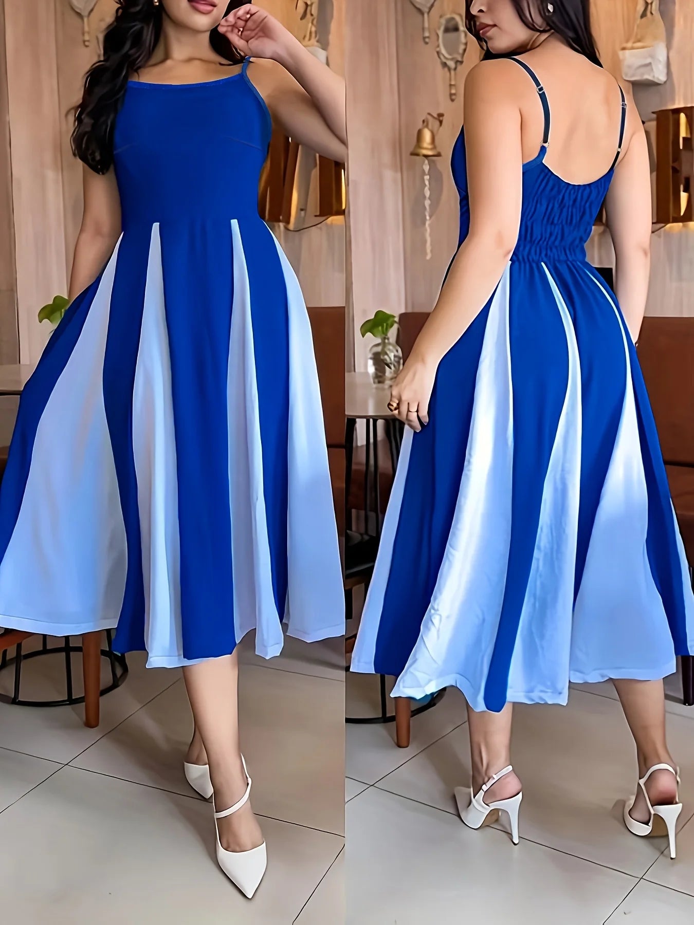 Women's Blue White Color Block Dress Spaghetti Straps A-Line Skirt Ideal for Summer Parties Date Nights Elegant Styles