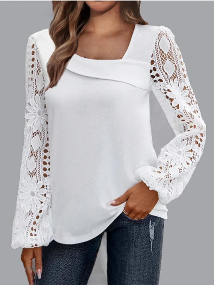 Solid Color Diagonal Collar Long Sleeved Lace Printed Women's Shirt Street Fashion Elegant Commuting Style Spring Top