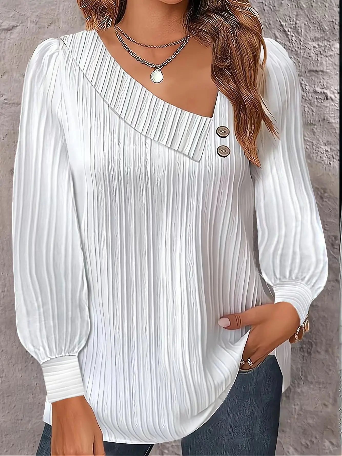 Asymmetric Collar Button Top Women's Long Sleeve Textured Shirt Autumn Casual Daily T-Shirt