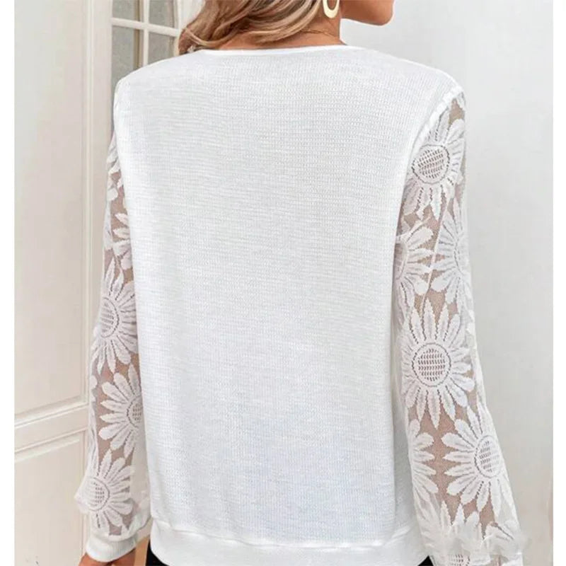 Stylish Lace Hollowed Out Patchwork Shirt Women V-Neck Long Sleeve Spring Autumn Solid Color Blouse Top
