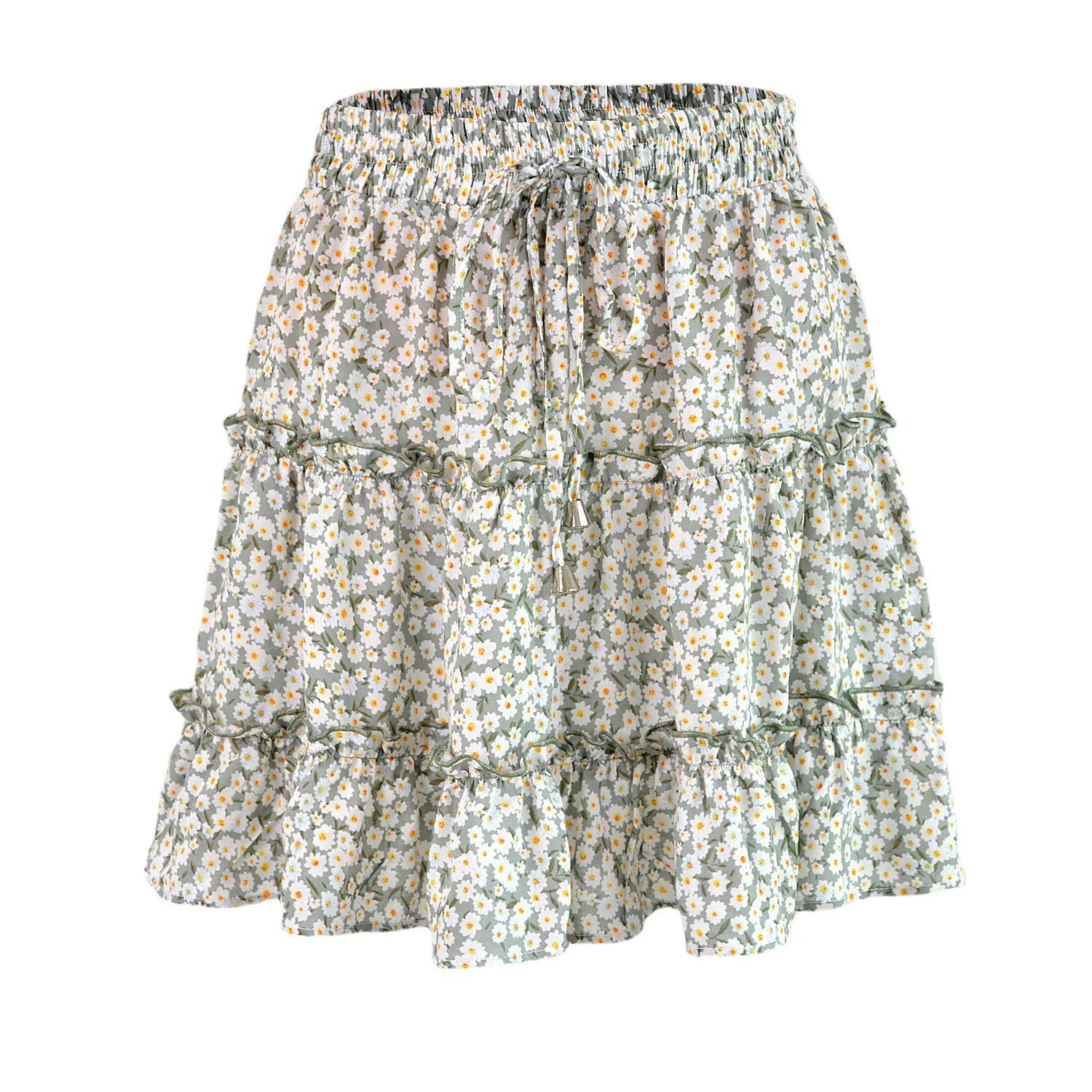 Drawstring Floral Skirt for Women's Beach Summer Tiered Ruffle Mini Design