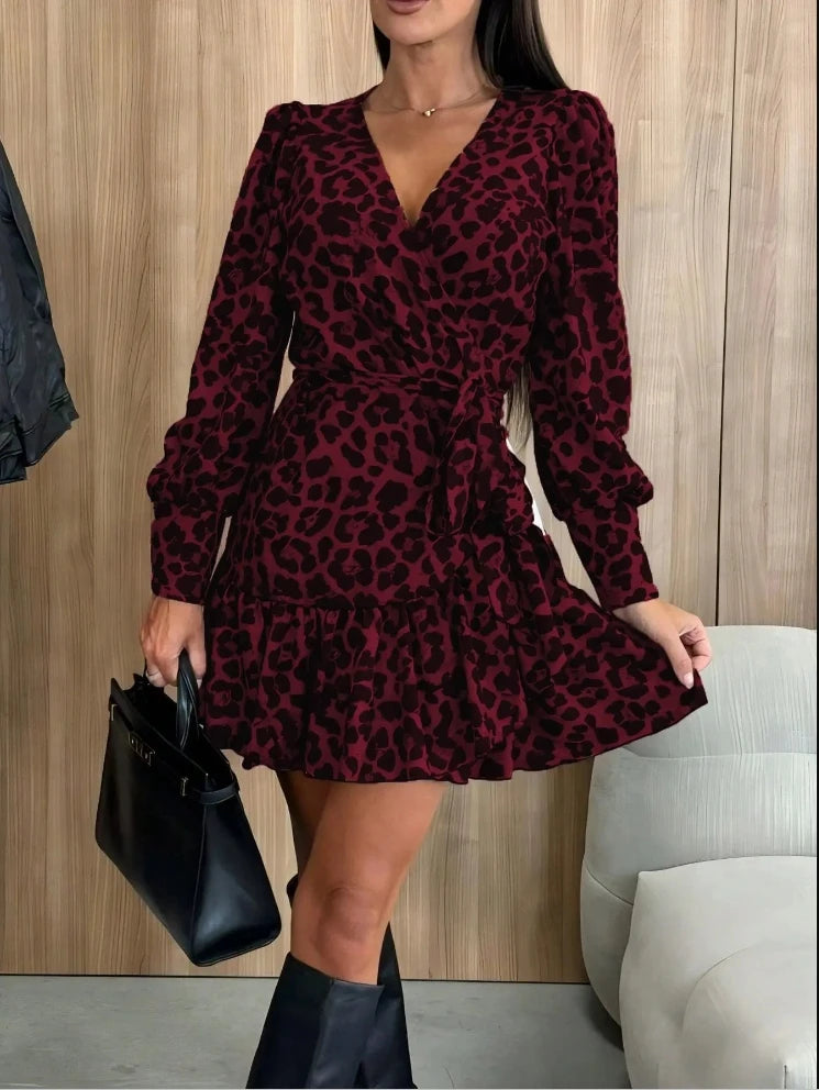 V-neck Lace Up Bubble Long Sleeved Leopard Print Women's Sexy Dress Elegant Dating Fashion Versatile Autumn Dress