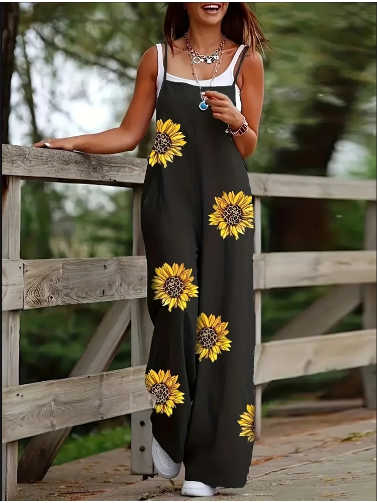 Loose Sleeveless Jumpsuits Women's Black Printed Rompers Long Pants Trendy Casual Summer Jumpsuits