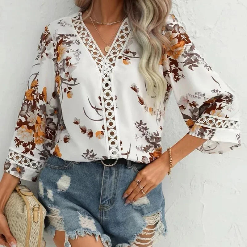 Boho Floral V Neck Top Half Sleeves Lace Details Multi Color Options for Beach Days Music Festivals Trendy Outfits