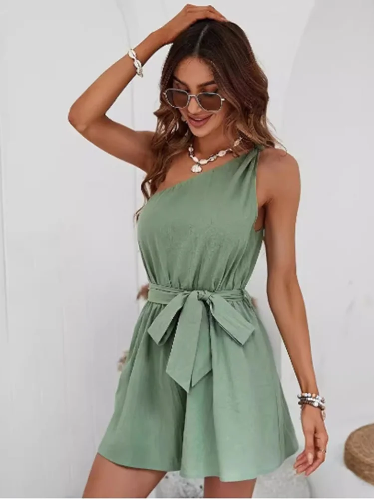 Slant Collar Lace Up Long Sleeved Sleeveless Solid Color Sexy Women's Dress Versatile Dating Elegant Daily Summer Dress