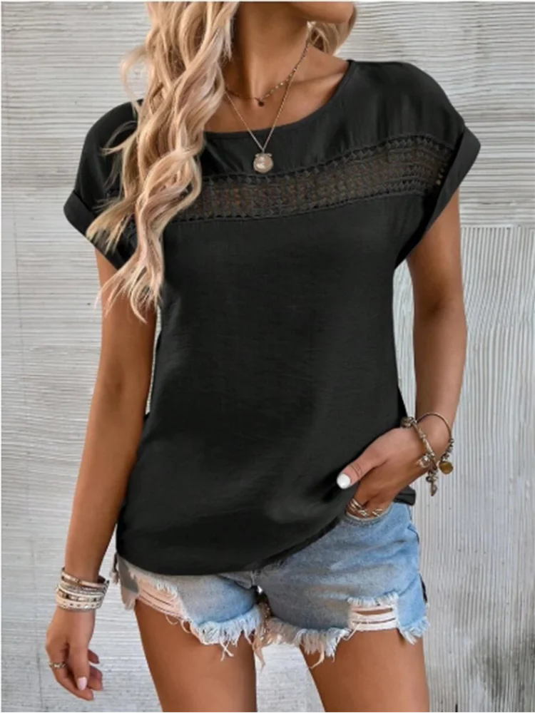 Round Neck Solid Color Short Sleeved Lace Hollow Women's T-shirt High Street Fashion Elegant Versatile Summer Top