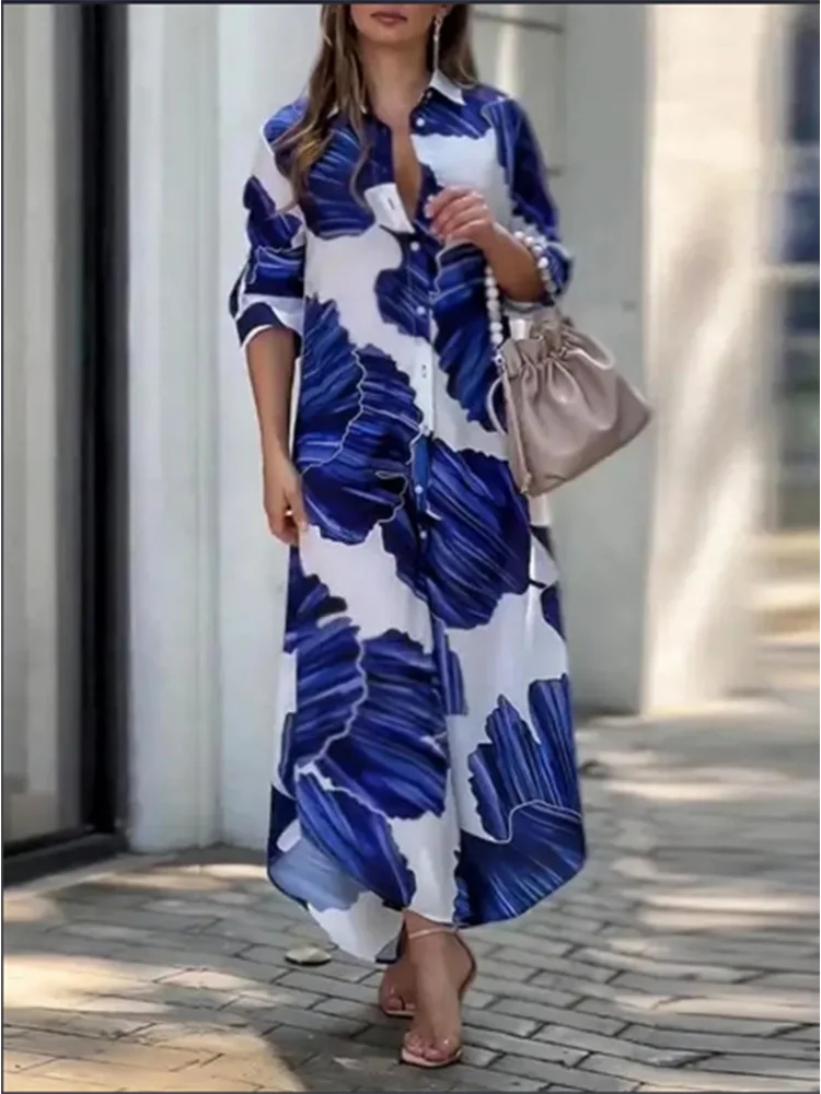 Fashion Printed Button Long Sleeve Dress Women Loose Lapel Shirt Style Dress Vacation Elegant Autumn Dresses