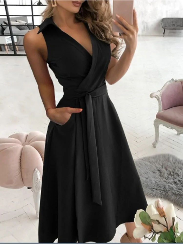 Lace Up V-neck Short Sleeved Solid Color Pocket Women's Dress Elegant Office Fashion Commuting Style Summer Dress