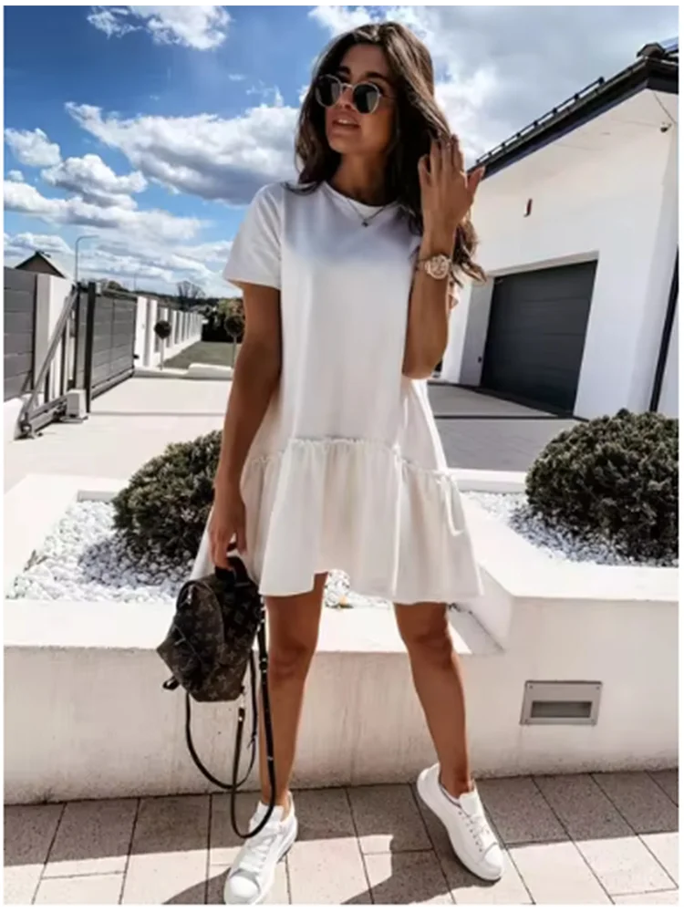 Fashion Ruffled Short Sleeve Dress Women Solid Color Round Neck Mini Dresses Summer Y2K Dress