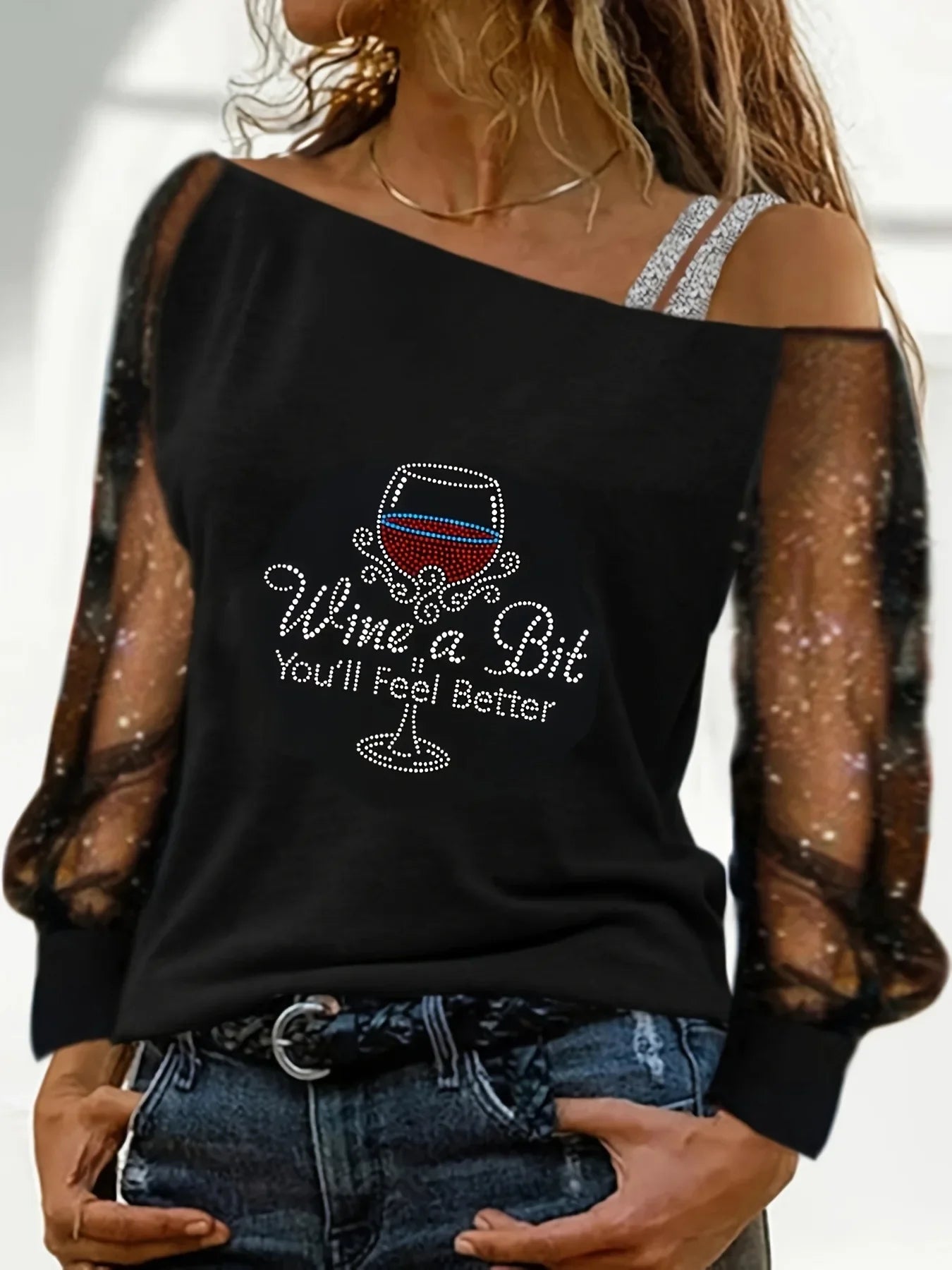 Casual Skew Collar One Shoulder T-Shirt Women Perspective Shining Long Sleeved Tops Skull Solid Color Street Pullover