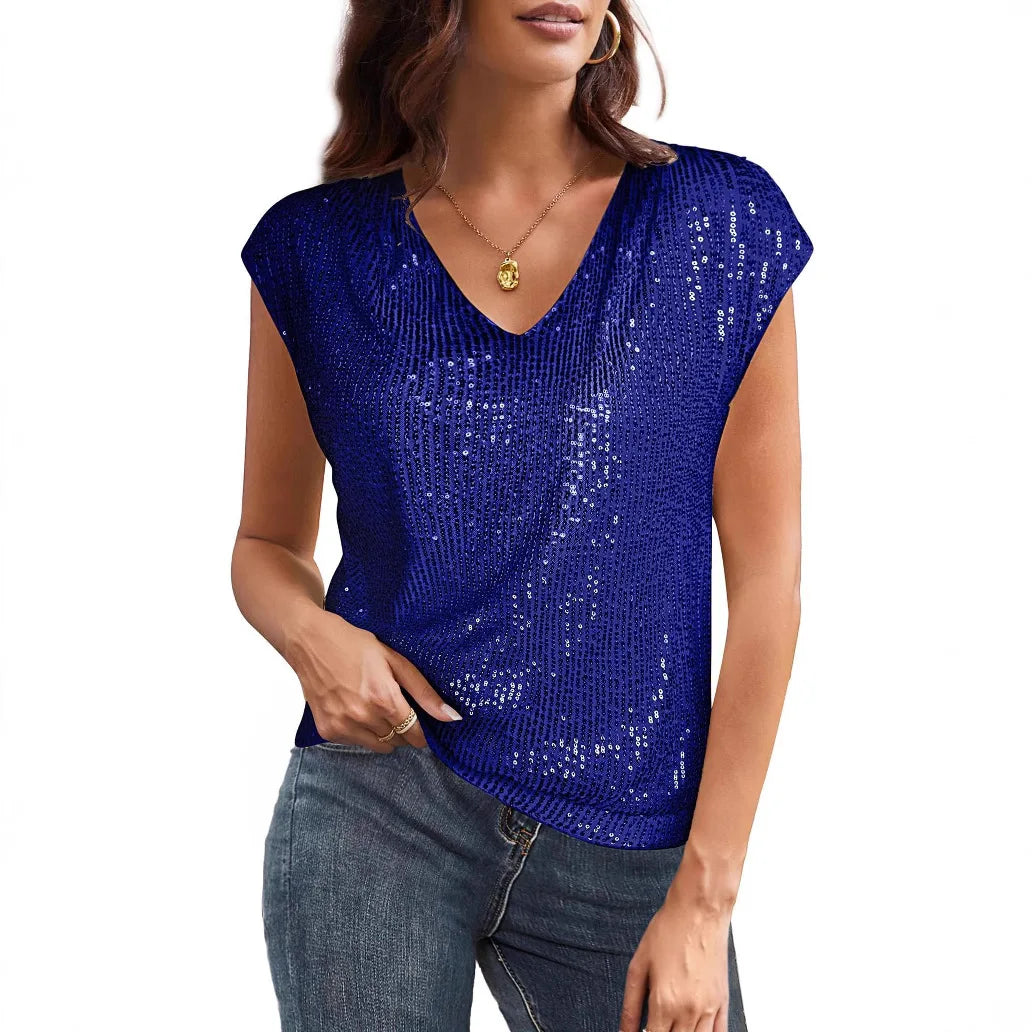 Women's Sparkly Sequin Top V-Neck Cap Sleeve for Stylish Office Days