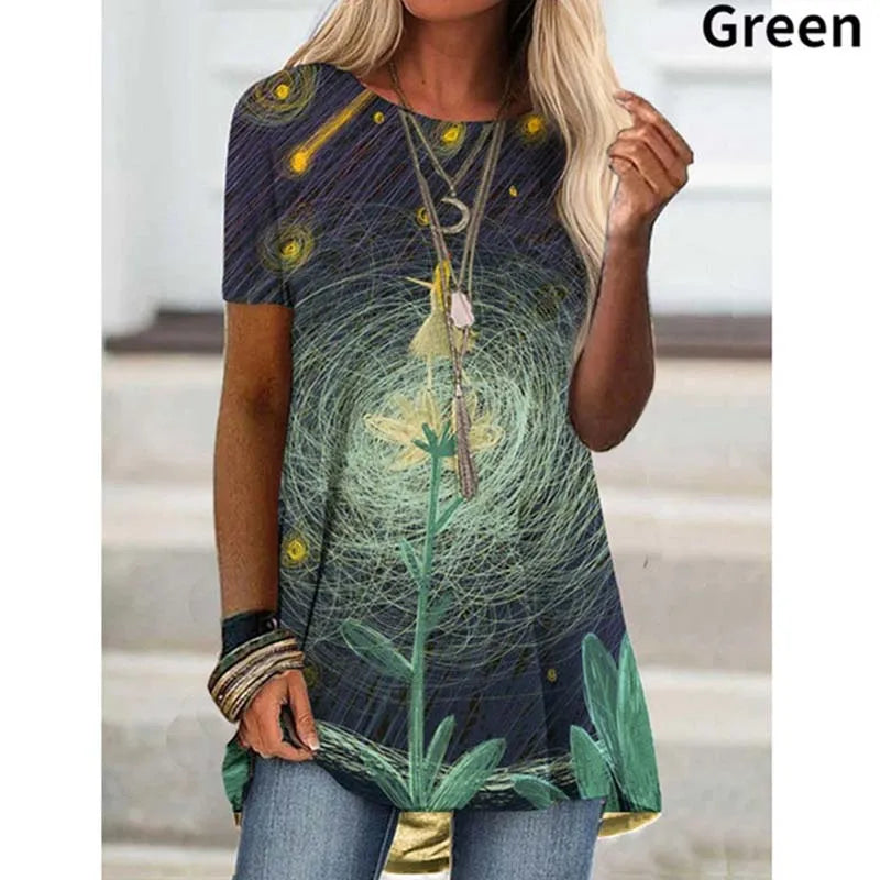 Geometry Flower Print T-shirt Female Theme Floral Plants Tees Summer Clothing Basic Tops Girl Oversized Pullover