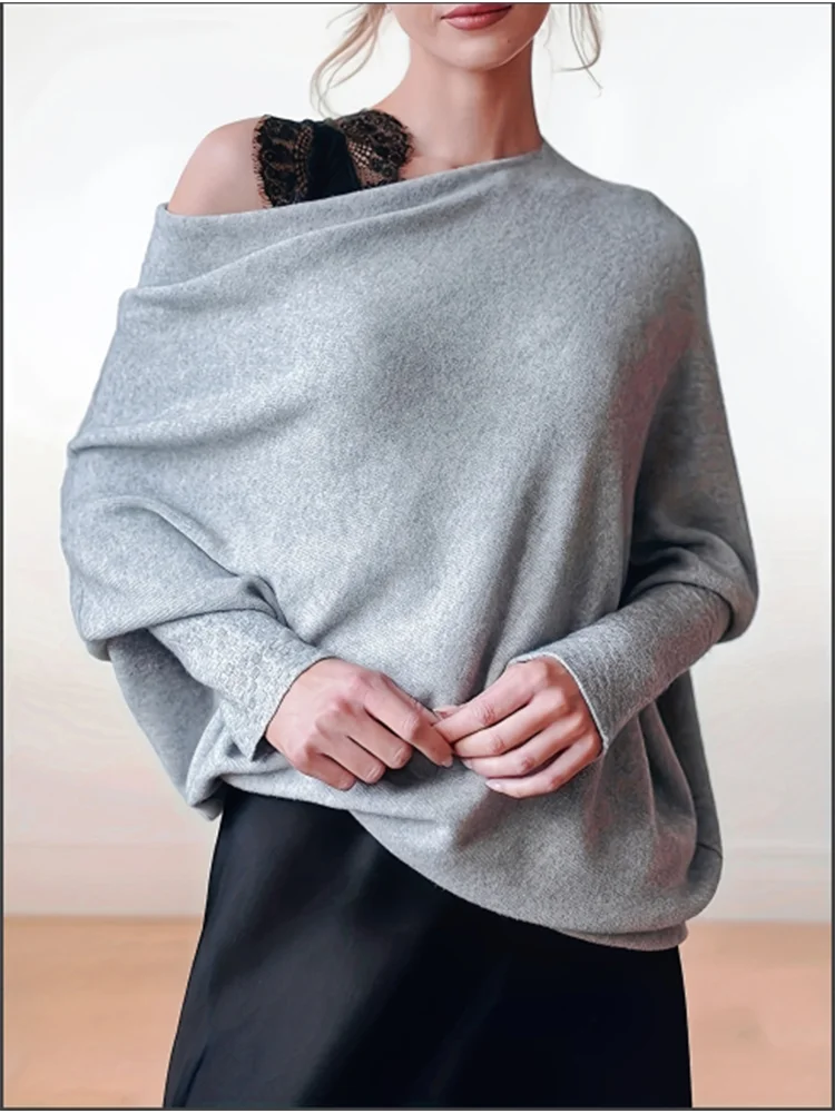 Women Diagonal Neckline Knitted Pullover T-Shirt Autumn Grey Long Sleeve One Size Top