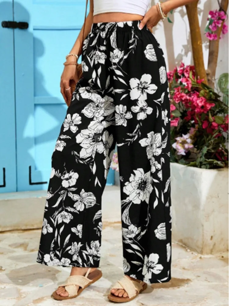 Floral Printed Pants High Waisted Lace Up Women's Casual Pants Street Fashion Loose Comfortable Spring Wide Leg Pants