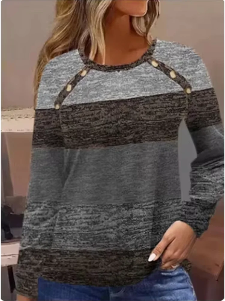 Women's Round Neck Elegant Long Sleeved T-shirt Fashion Color Blocked Button Pullover High Street Simple Autumn Top