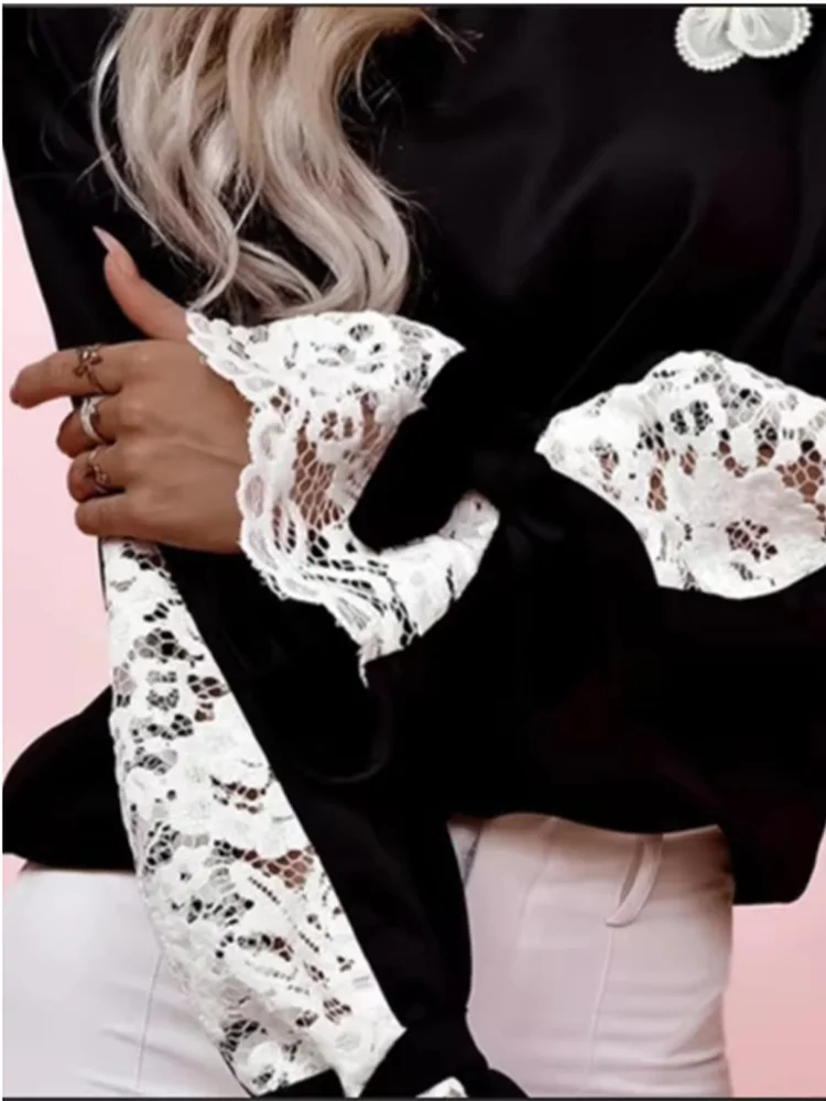 Three-dimensional Flower Splicing Lace Flare Long Sleeve T-shirt Women's Fashion Elegant Autumn Top