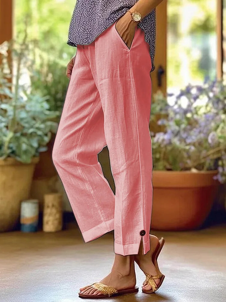 Women's Linen Wide Leg Trousers Side Slit & Button - Detailed Casual Loose Pants