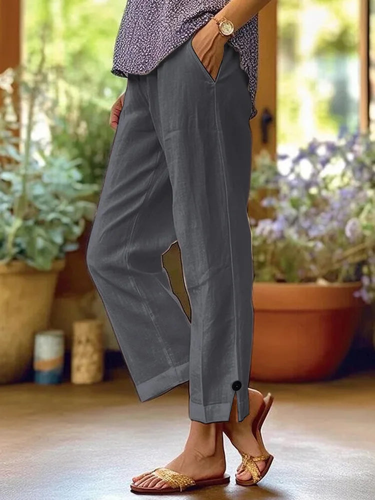 Women's Linen Wide Leg Trousers Side Slit & Button - Detailed Casual Loose Pants