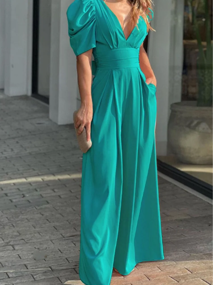 High Waisted Solid Color Bubble Short Sleeved V-neck Pleated Women's Dress Daily Office Elegant Commuting Style Summer Dress