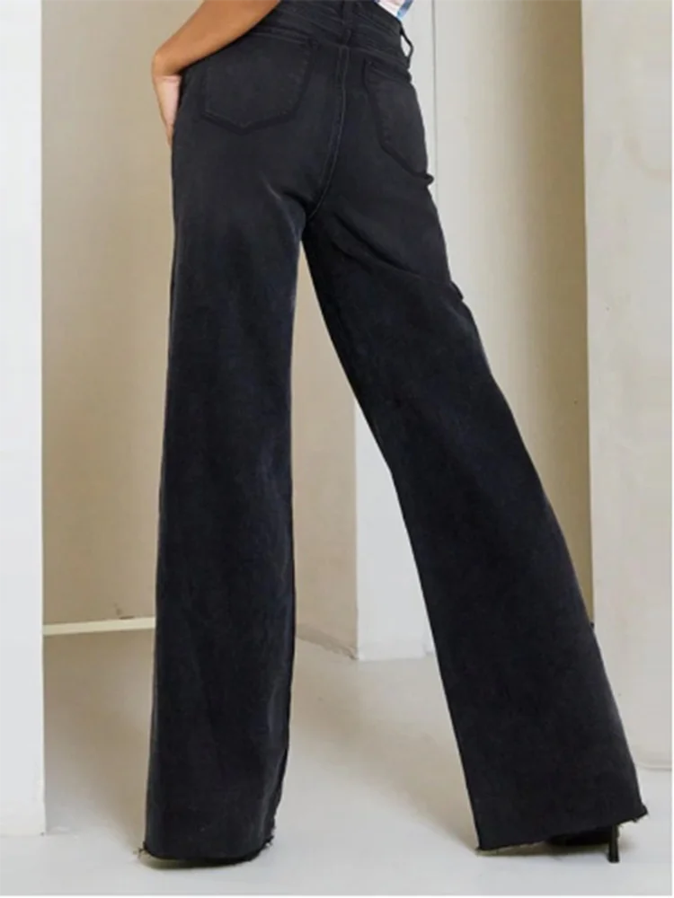 Pocket Button Pants High Waisted Solid Color Women's Jeans Street Fashion Daily Casual Commuting Style Autumn Straight Leg Pants