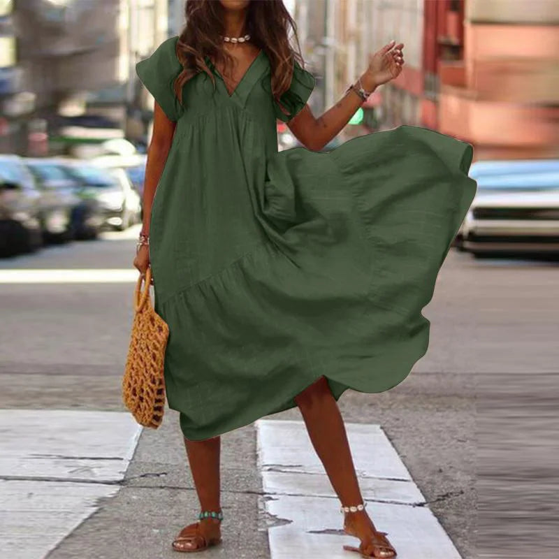 V-Neck Short Sleeved Loose Dress Women's Solid Color Vacation Dresses Summer Casual A-Line Robe Vestidos