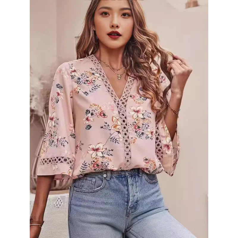 Boho Floral V Neck Top Half Sleeves Lace Details Multi Color Options for Beach Days Music Festivals Trendy Outfits