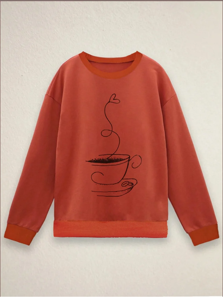 Geometric Print Long Sleeved Orange Round Neck Women's T-shirt Street Versatile Casual Comfortable Autumn Top