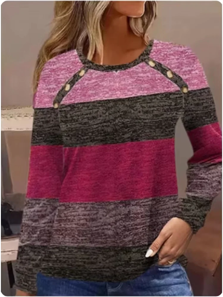 Women's Round Neck Elegant Long Sleeved T-shirt Fashion Color Blocked Button Pullover High Street Simple Autumn Top