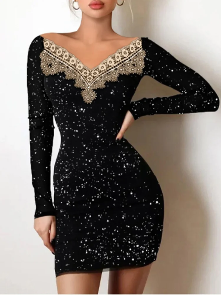 Sexy Lace Patchwork Off Shoulder Dress Women's Black Long Sleeved Mini Dress Fashion Party Evening Slim Dresses Clothes