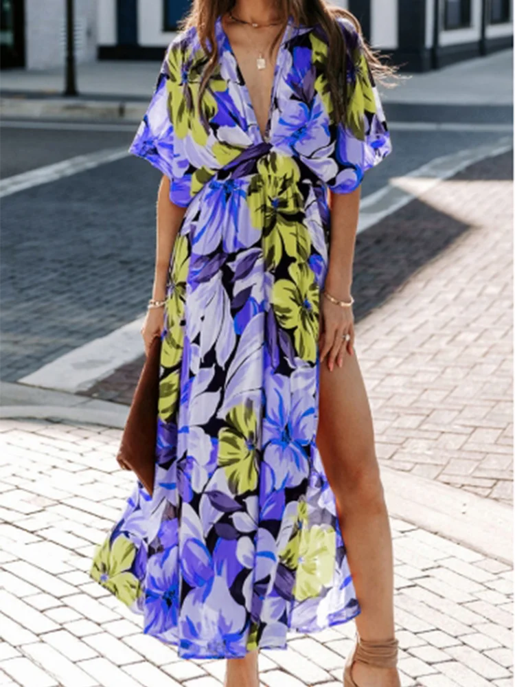 Floral Print Short Sleeved High Waisted V-neck Women's Dress Vacation Dating Elegant Commuting Style Summer Dresses