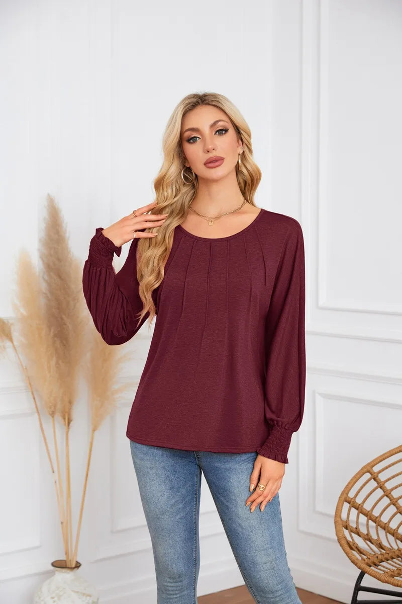 Woman Clothes Solid Color Pleated Top Round Neck Lantern Sleeves Loose Fit Multi Color Options Casual Outings Daily Wear