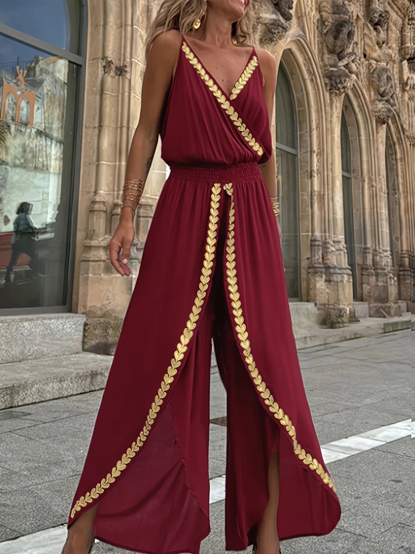 Women's Purple Jumpsuit Trimmed Wrap V-Neck High Waist Split Legs Ideal for Beach Vacations Evening Strolls Bohemian Styles