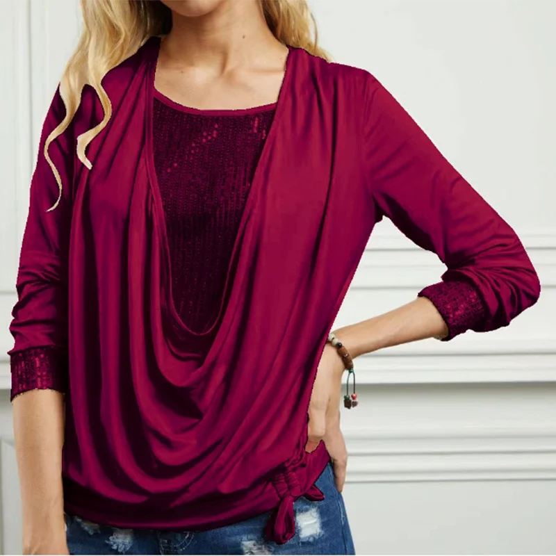 6 Sequin Long Sleeve Blouse Lady Elegant Solid Color O Neck Tops Lady Autumn Spring Party T Shirts