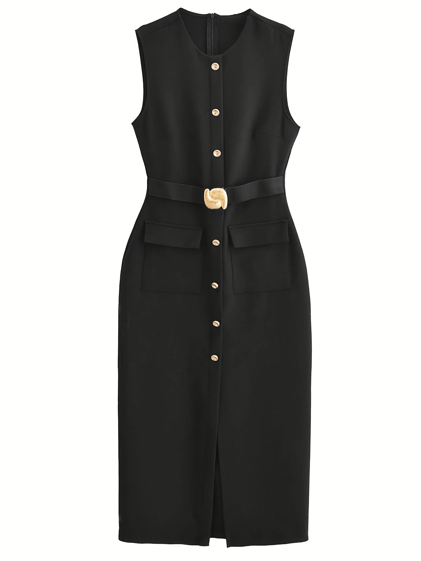 Women's Sleeveless Black Midi Dress Gold Button Front Belted Waist Ideal for Evening Events Cocktail Parties Elegant Styles